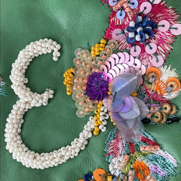 Anthropologie Monogram Green Floral Embellished Pouch NWT w/ defect Cottage Boho - Picture 11 of 11